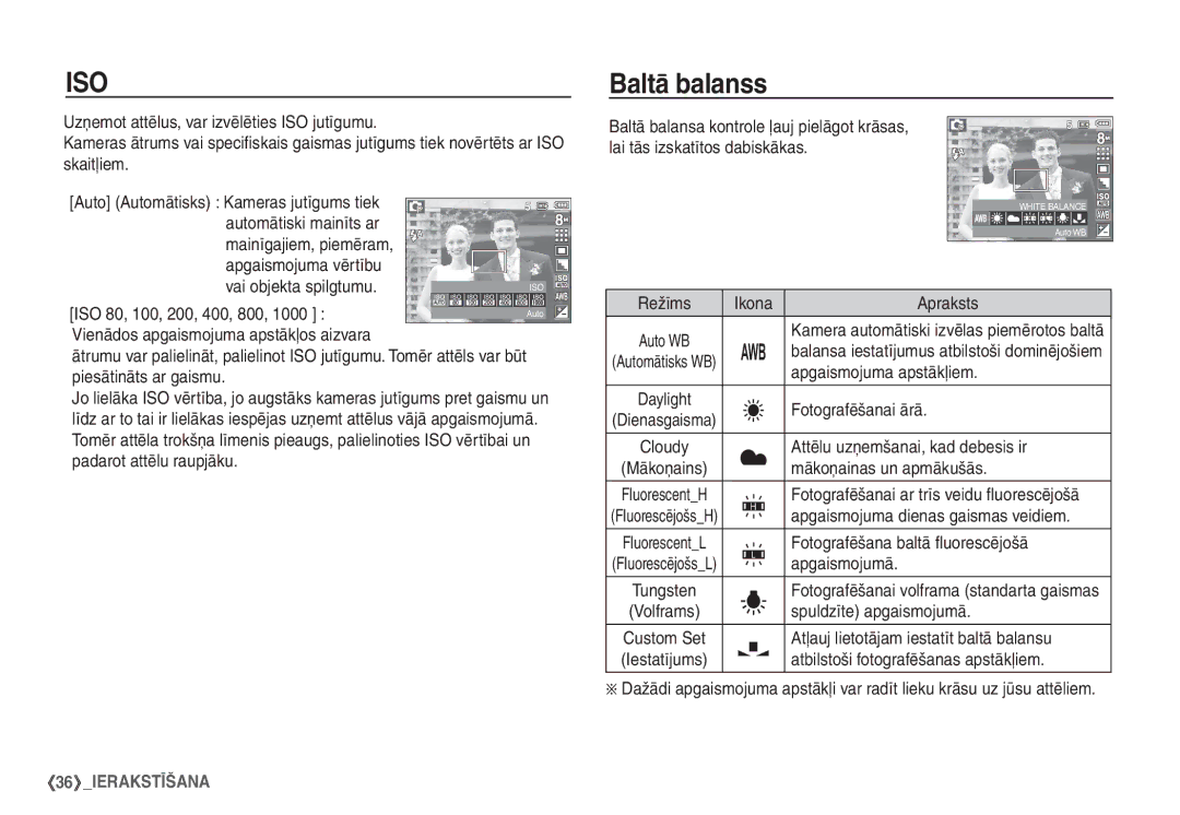 Samsung EC-S860ZSBA/RU, EC-S860ZBBA/RU, EC-S760ZSBA/RU, EC-S860ZBBA/LV, EC-S760ZSBA/LV, EC-S760ZBBA/LV manual Baltā balanss 