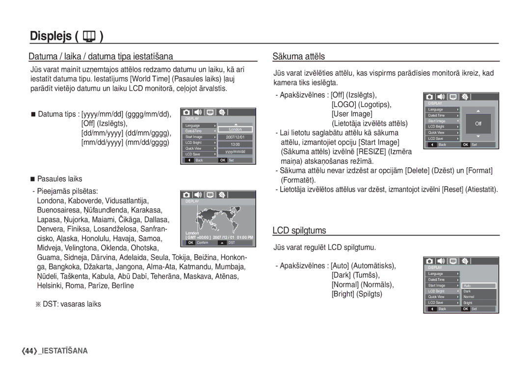 Samsung EC-S860ZBBA/LV, EC-S860ZBBA/RU manual Datuma / laika / datuma tipa iestatīšana, Sākuma attēls, LCD spilgtums 