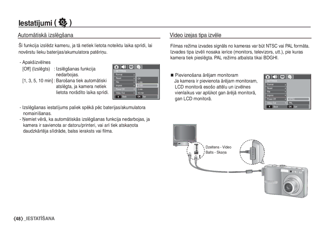 Samsung EC-S860ZSBA/RU, EC-S860ZBBA/RU Automātiskā izslēgšana, Video izejas tipa izvēle, Pievienošana ārējam monitoram 