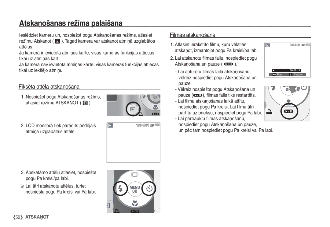 Samsung EC-S860ZBBA/LV, EC-S860ZBBA/RU manual Atskaņošanas režīma palaišana, Fiksēta attēla atskaņošana, Filmas atskaņošana 