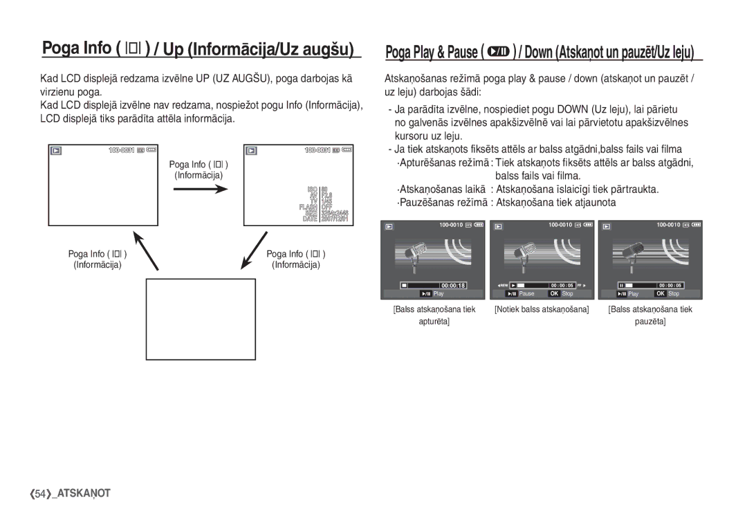 Samsung EC-S860ZSBA/RU, EC-S860ZBBA/RU manual Poga Info î / Up Informācija/Uz augšu, Kursoru uz leju, Balss fails vai filma 