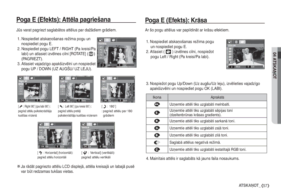 Samsung EC-S760ZSBA/LV, EC-S860ZBBA/RU, EC-S860ZSBA/RU, EC-S760ZSBA/RU Poga E Efekts Attēla pagriešana, Poga E Efekts Krāsa 