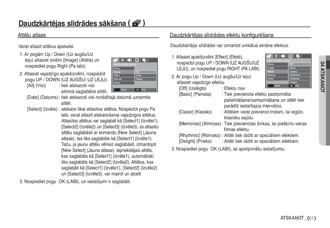 Samsung EC-S760ZSBA/RU, EC-S860ZBBA/RU, EC-S860ZSBA/RU manual Attēlu atlase, Daudzkārtējas slīdrādes efektu konfigurēšana 