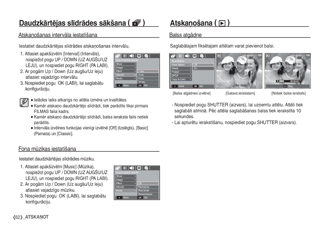 Samsung EC-S860ZBBA/LV manual Atskaņošana ø, Atskaņošanas intervāla iestatīšana, Balss atgādne, Fona mūzikas iestatīšana 