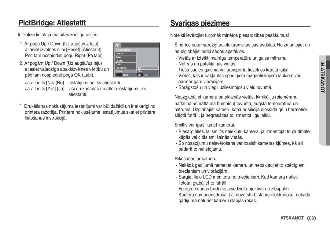 Samsung EC-S760ZSBA/LV manual PictBridge Atiestatīt Svarīgas piezīmes, Inicializē lietotāja mainītās konfigurācijas 