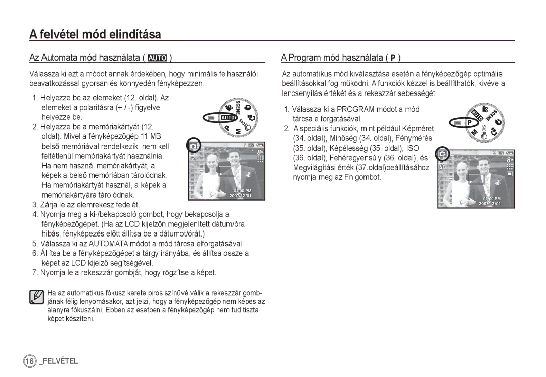 Samsung EC-D860ZSDB/E3, EC-S860ZSBA/FR manual Felvétel mód elindítása, Az Automata mód használata μ, Program mód használata 