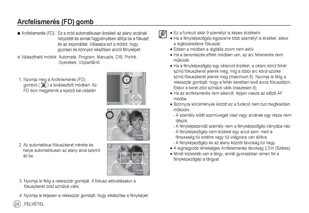 Samsung EC-S860ZUBB/E1, EC-S860ZSBA/FR manual Arcfelismerés FD gomb, FényképezendĘ személy nem a fényképezĘgép irányába néz 