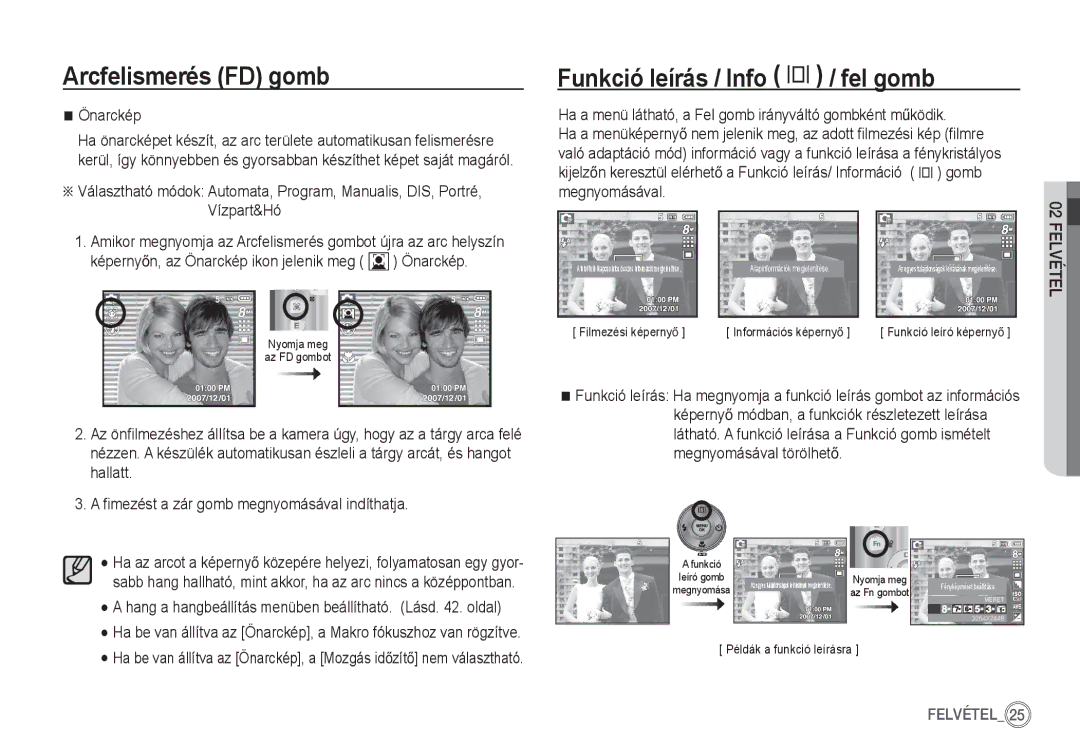 Samsung EC-S860ZPBA/E1, EC-S860ZSBA/FR, EC-S760ZPDA/E3, EC-S860ZSDA/E3 manual Funkció leírás / Info î / fel gomb, Önarckép 