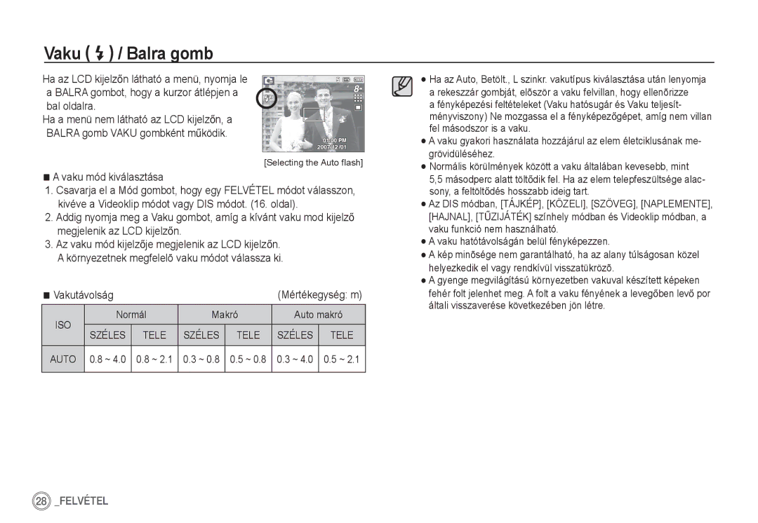 Samsung EC-D760ZSBE/E1 manual Vaku / Balra gomb, Vaku mód kiválasztása, Vakutávolság, Normál Makró Auto makró, Auto 0.8 ~ 