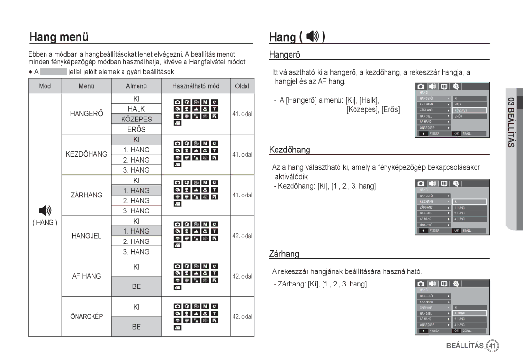 Samsung EC-S860ZSBB/E1, EC-S860ZSBA/FR, EC-S760ZPDA/E3, EC-S860ZSDA/E3, EC-S860ZPDA/E3 Hang menü, HangerĘ, Kezdõhang, Zárhang 