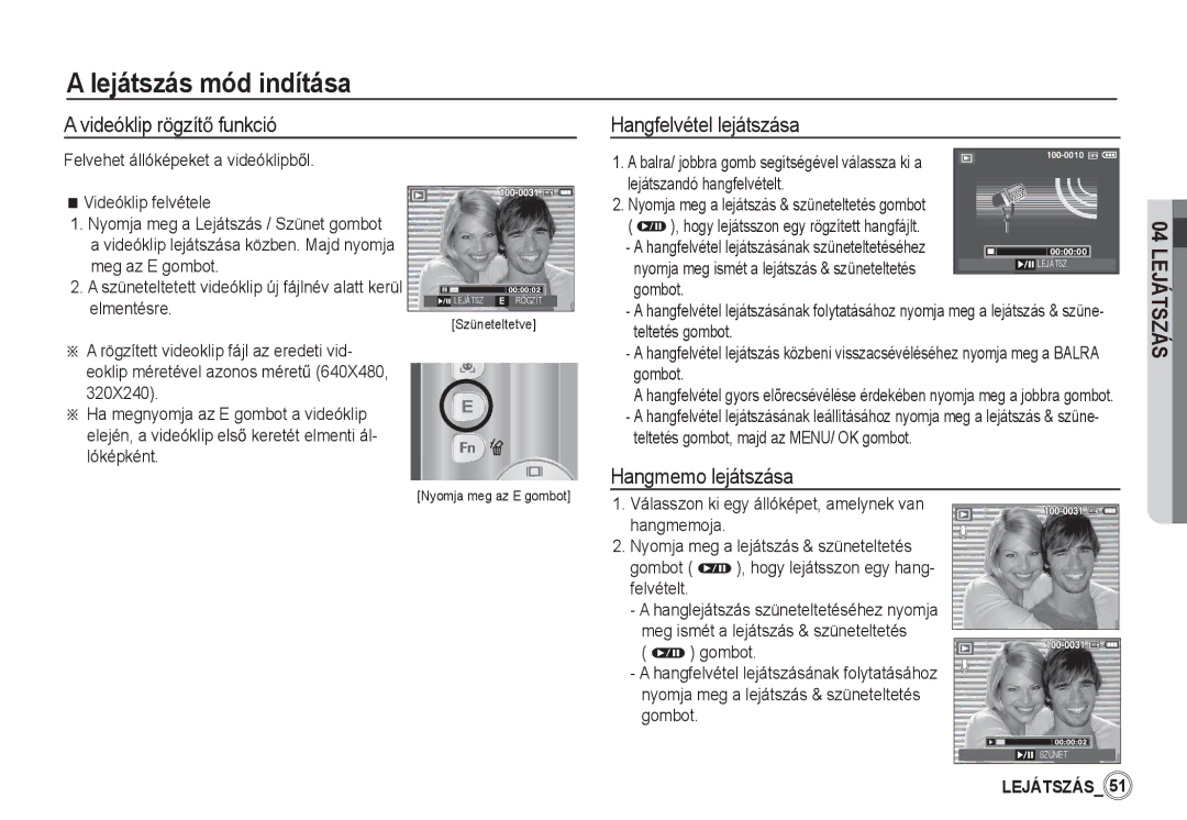 Samsung EC-S860ZPBA/FR, EC-S860ZSBA/FR manual Videóklip rögzítĘ funkció, Hangfelvétel lejátszása, Hangmemo lejátszása 