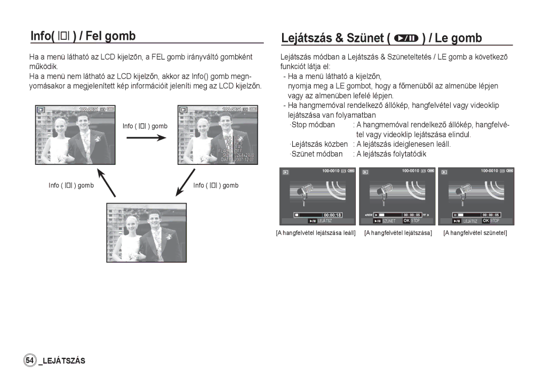 Samsung EC-S760ZBBA/FR manual Info î / Fel gomb, Lejátszás & Szünet Ø / Le gomb, Tel vagy videoklip lejátszása elindul 