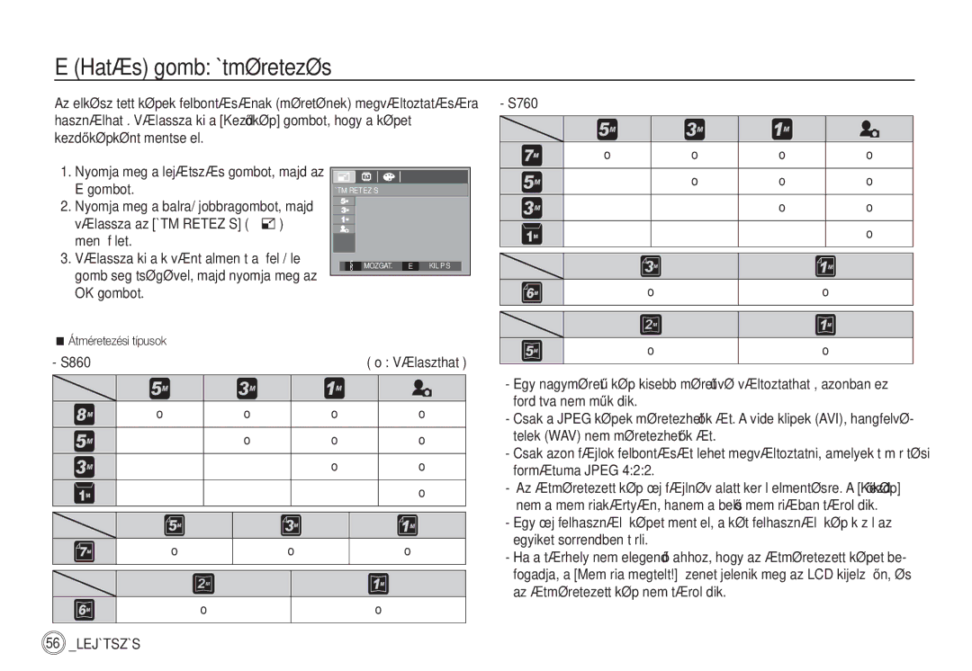 Samsung EC-S860ZBBA/FR, EC-S860ZSBA/FR, EC-S760ZPDA/E3, EC-S860ZSDA/E3 manual Hatás gomb Átméretezés, Átméretezési típusok 