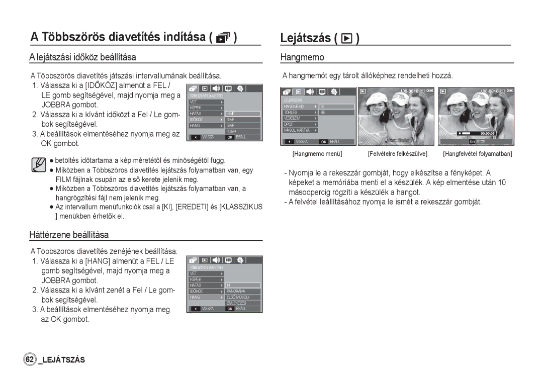 Samsung EC-S860ZBBB/E1, EC-S860ZSBA/FR manual Lejátszás ø, Lejátszási idĘköz beállítása, Hangmemo, Háttérzene beállítása 