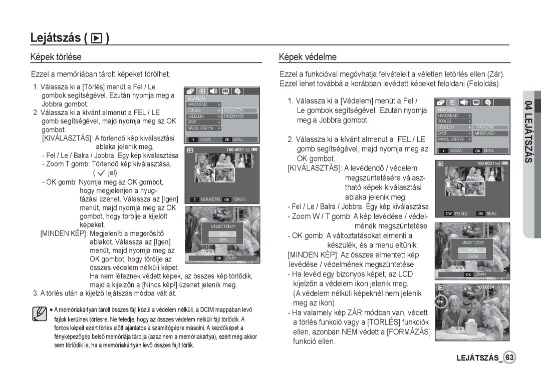 Samsung EC-S860ZBBA/IT, EC-S860ZSBA/FR manual Képek törlése Képek védelme, Ezzel a memóriában tárolt képeket törölhet 