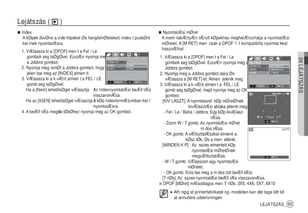 Samsung EC-S760ZSBA/E1 Index Nyomtatási méret, Kerülnek nyomtatásra, Használható, Nyomja meg a Jobbra gombot újra és, Tása 