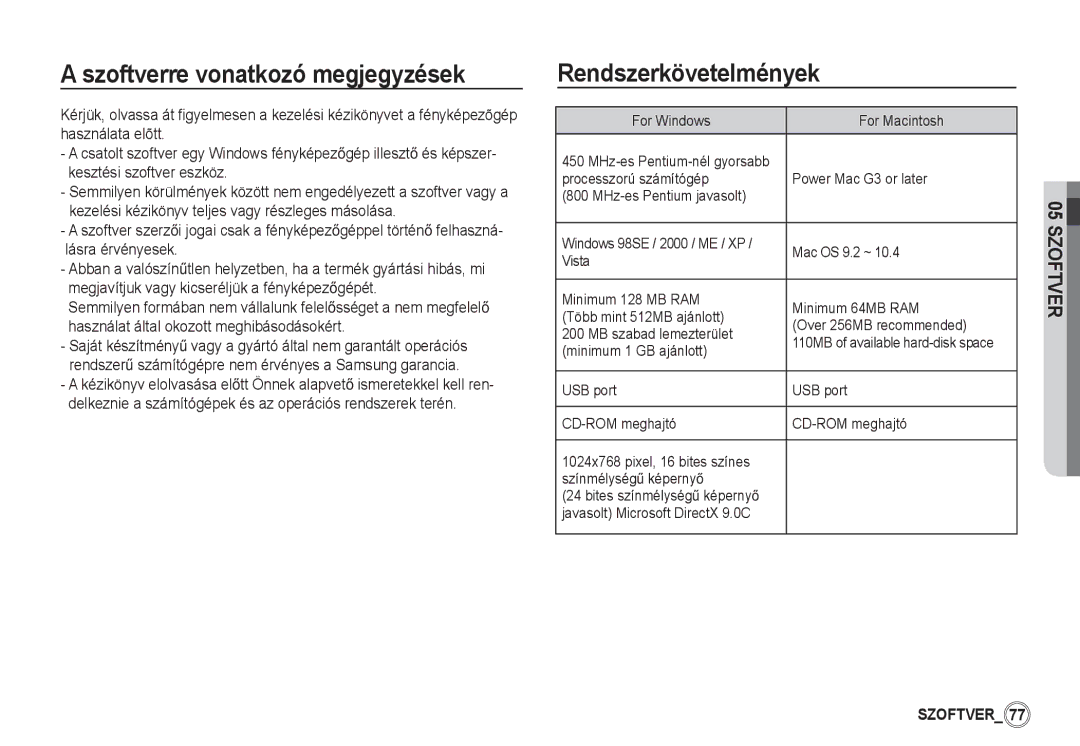 Samsung EC-S860ZPBB/E1, EC-S860ZSBA/FR Szoftverre vonatkozó megjegyzések, Rendszerkövetelmények, For Windows For Macintosh 