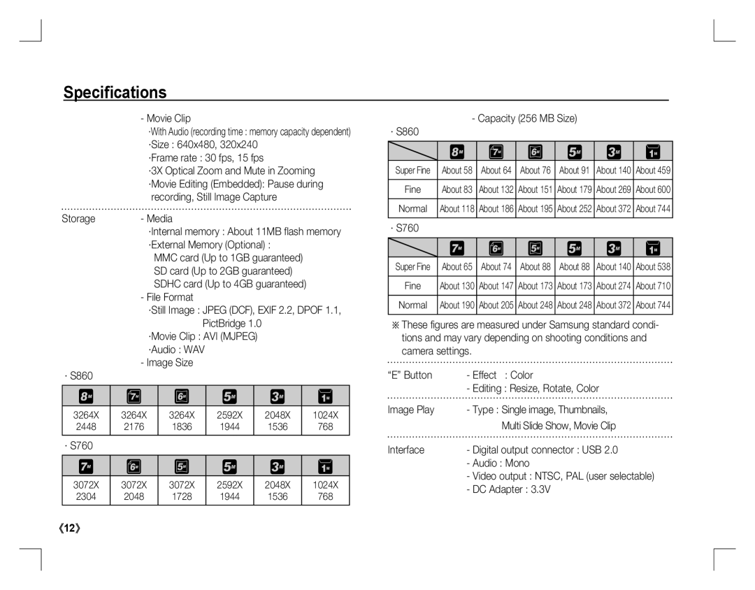 Samsung EC-S760ZPBA/FR, EC-S860ZUAA · S760, Capacity 256 MB Size · S860, DC Adapter, ·Still Image Jpeg DCF, Exif 2.2, Dpof 