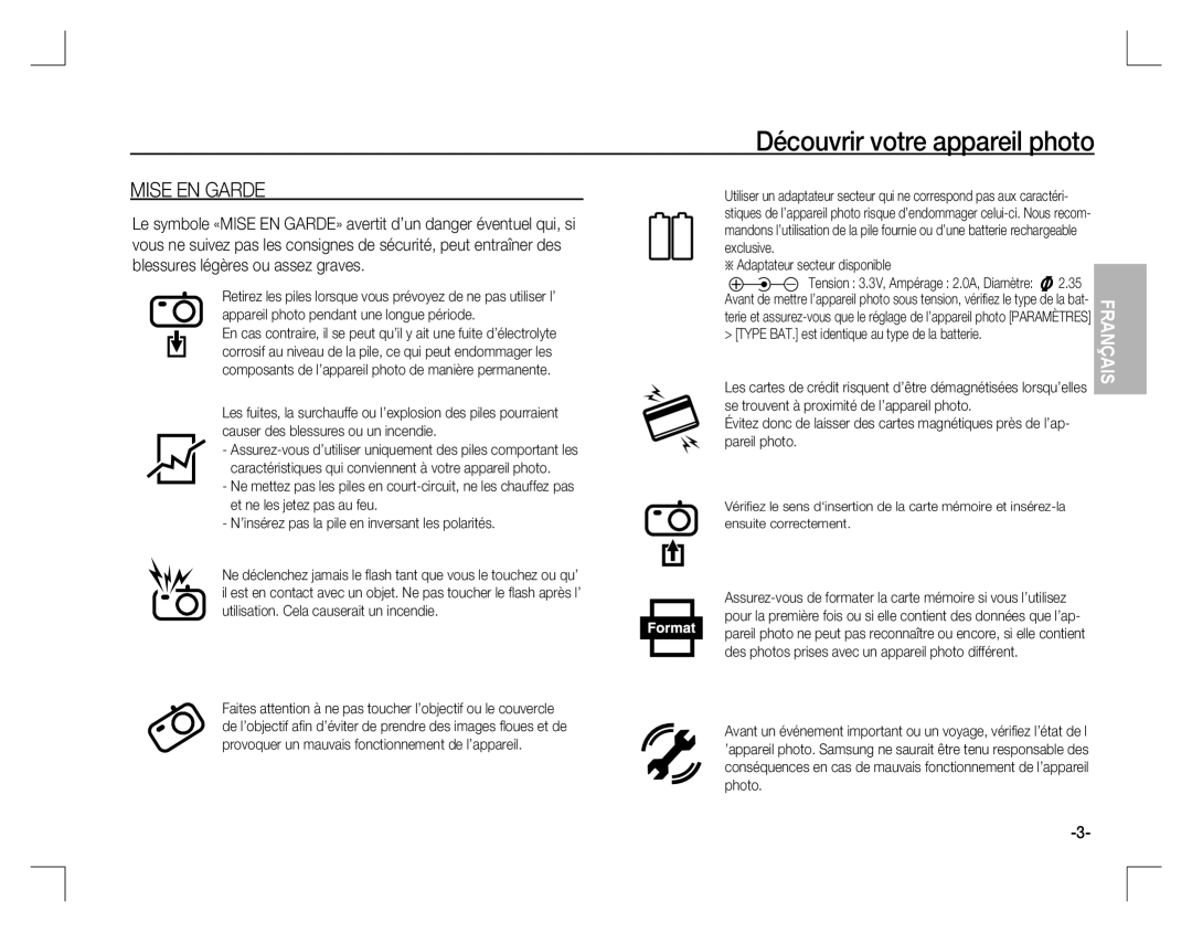 Samsung EC-S760ZBBA/FR, EC-S860ZSBA/FR manual Adaptateur secteur disponible, Type BAT. est identique au type de la batterie 