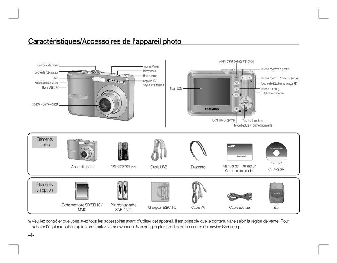 Samsung EC-S860ZUBA/FR, EC-S860ZUAA Caractéristiques/Accessoires de l’appareil photo, Éléments Inclus, Éléments en option 