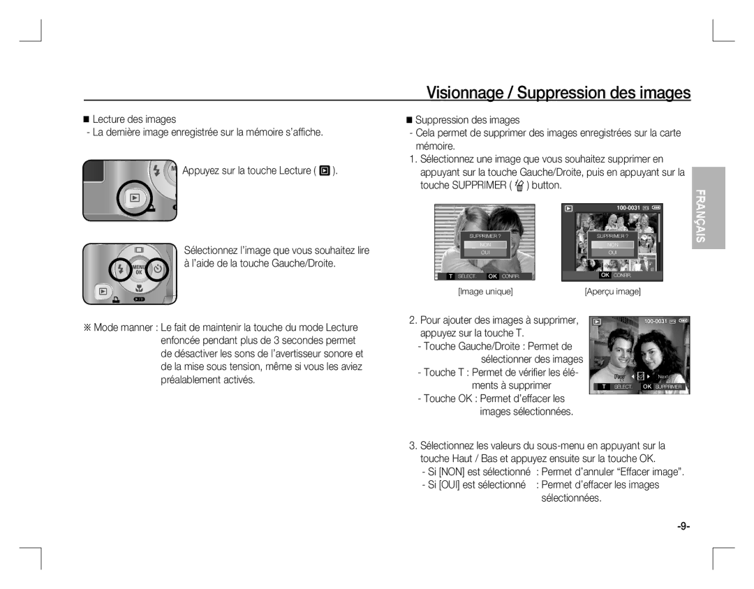 Samsung EC-S760ZSBA/FR manual Visionnage / Suppression des images, Touche T Permet de vériﬁ er les élé- ments à supprimer 