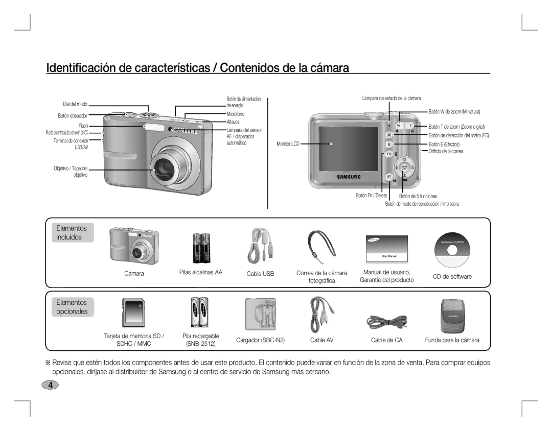 Samsung EC-S860ZPBA/IT, EC-S860ZSBA/FR Identiﬁcación de características / Contenidos de la cámara, Elementos incluidos 