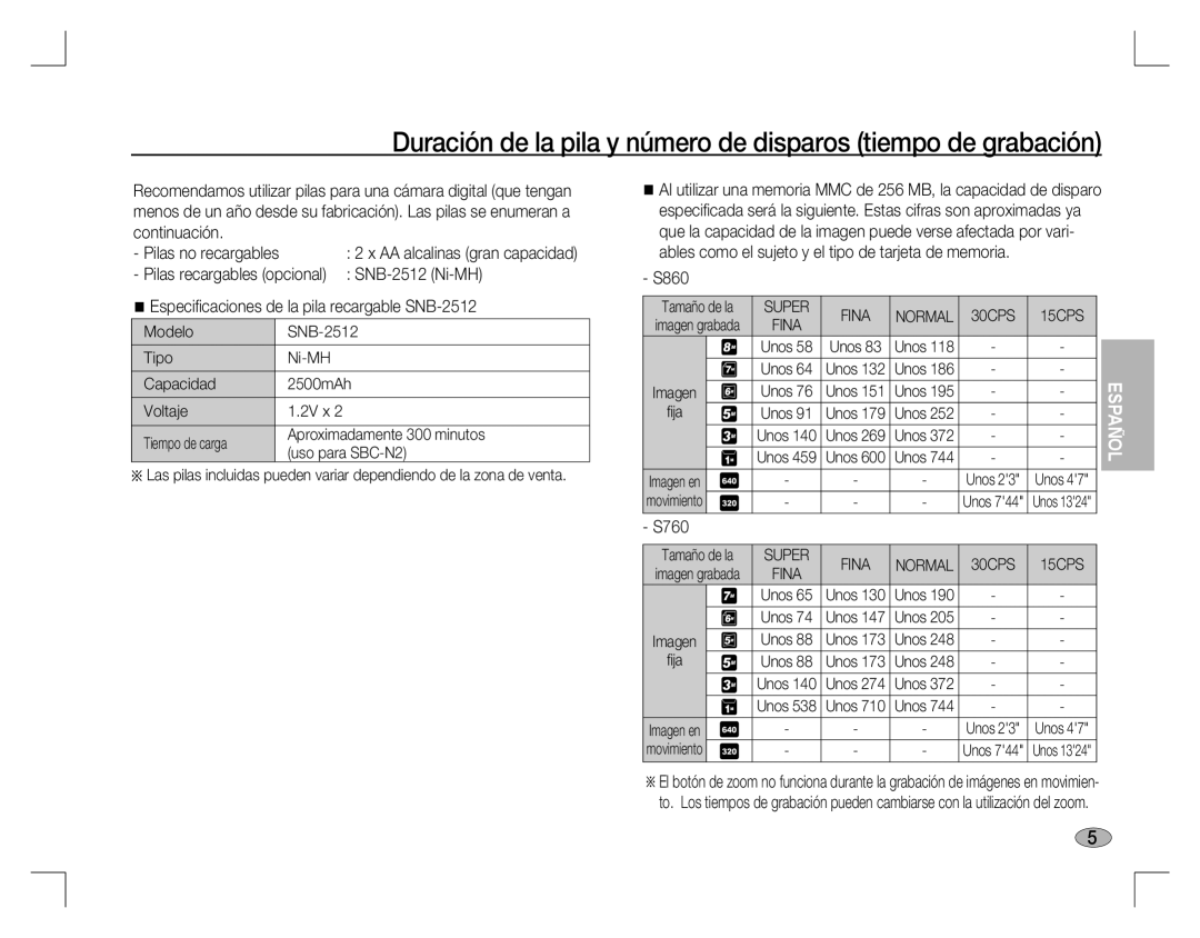 Samsung EC-S760ZUBA/E1, EC-S860ZSBA/FR, EC-S860U01KFR, EC-S760U01KFR Continuación, Pilas recargables opcional SNB-2512 Ni-MH 