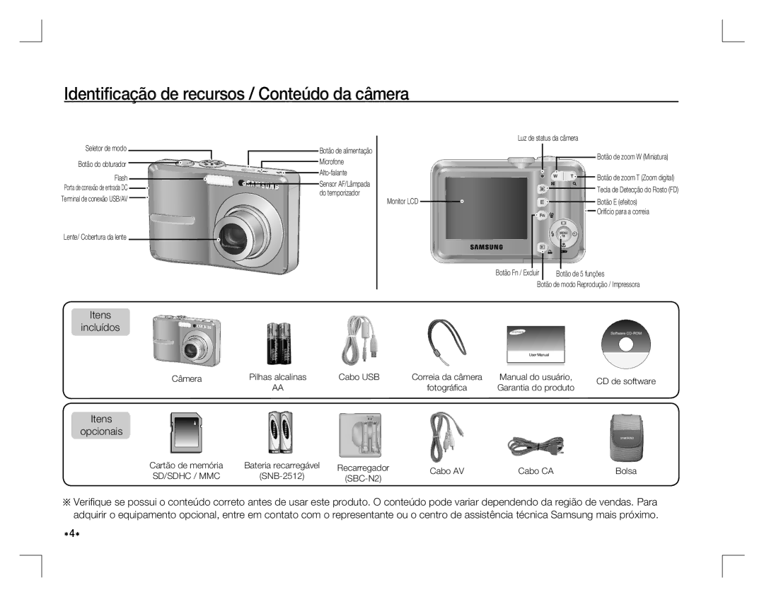 Samsung EC-S860ZUBA/AR, EC-S860ZSBA/FR Identiﬁcação de recursos / Conteúdo da câmera, Itens Incluídos, Itens Opcionais 