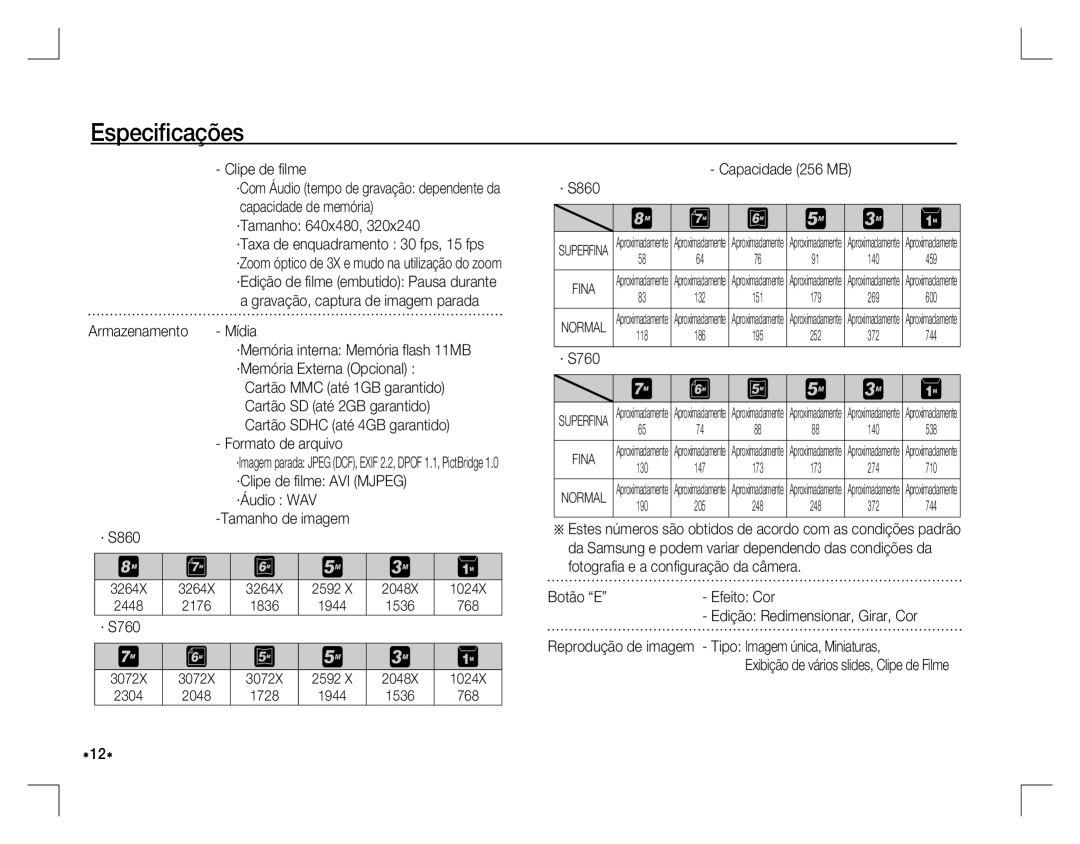 Samsung EC-S760ZSBA/AR, EC-S860ZSBA/FR, EC-S860U01KFR, EC-S760ZPDA/E3, EC-S860ZSDA/E3, EC-S860ZPDA/E3 manual Especiﬁcações 