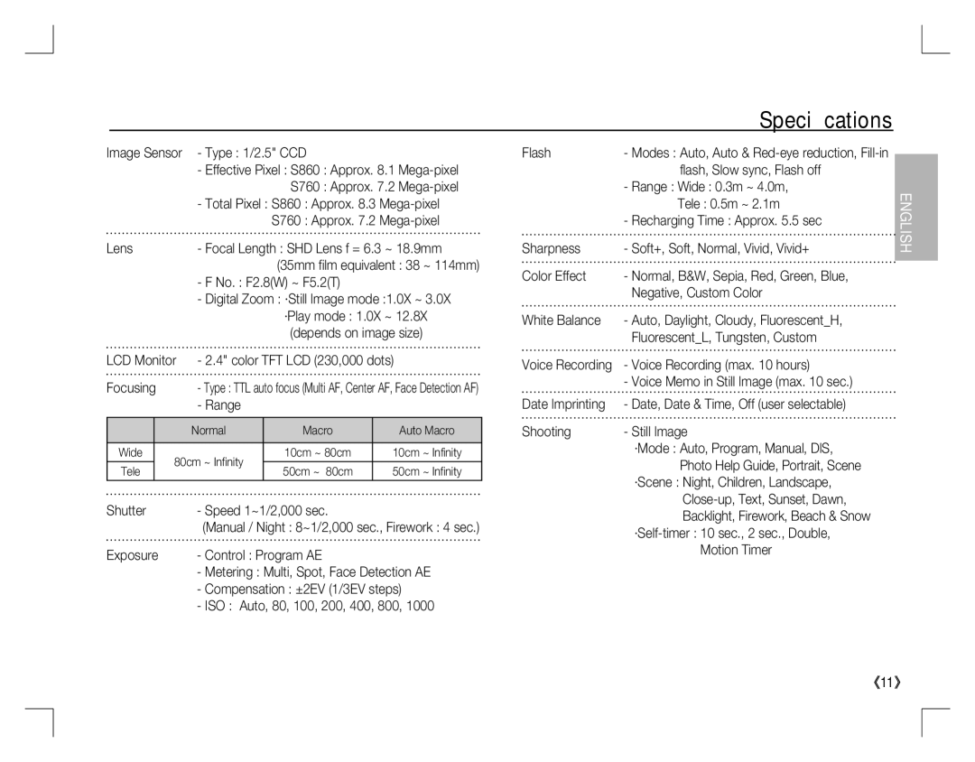 Samsung EC-S760ZSBA/E2 Type 1/2.5 CCD, Lens, No. F2.8W ~ F5.2T, LCD Monitor Color TFT LCD 230,000 dots Focusing, Range 