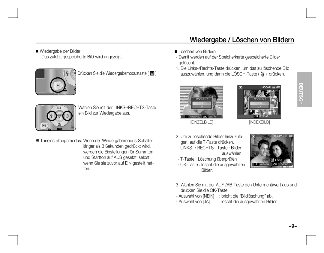 Samsung EC-S760ZSBA/FR, EC-S860ZSBA/FR manual Wiedergabe / Löschen von Bildern, Taste Löschung überprüfen, Auswahl von JA 