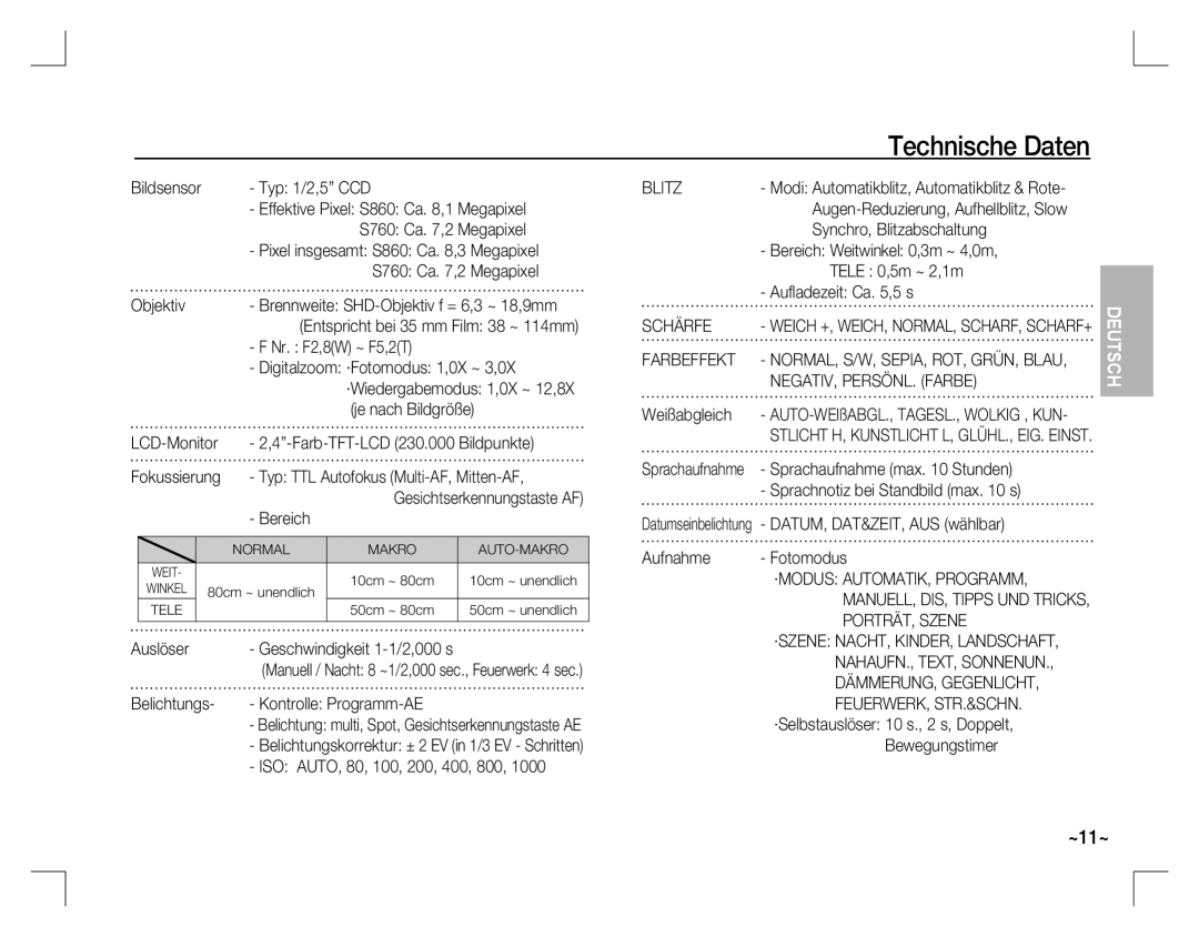 Samsung EC-S860ZBBA/IT, EC-S860ZSBA/FR manual Blitz, Schärfe, Farbeffekt, NEGATIV, PERSÖNL. Farbe, DÄMMERUNG, Gegenlicht 