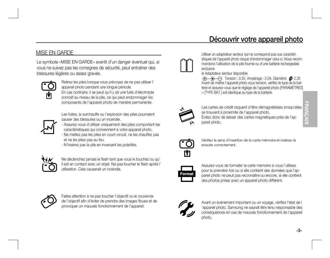 Samsung EC-S860ZUBA/E1, EC-S860ZSBA/FR, EC-S860U01KFR manual Mise EN Garde, Adaptateur secteur disponible, Pareil photo 