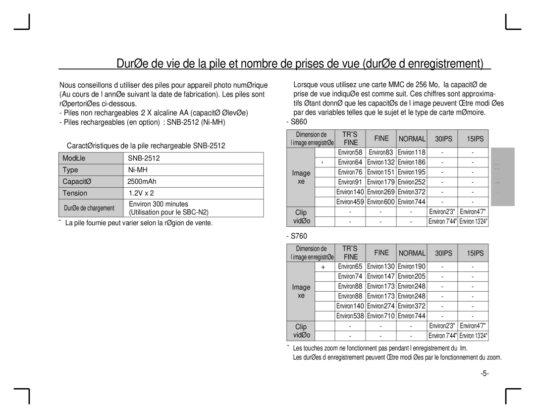 Samsung EC-S760ZUBA/E1, EC-S860U01KFR Modèle SNB-2512 Type Ni-MH Capacité 2500mAh Tension 2V x, Environ 300 minutes, Vidéo 