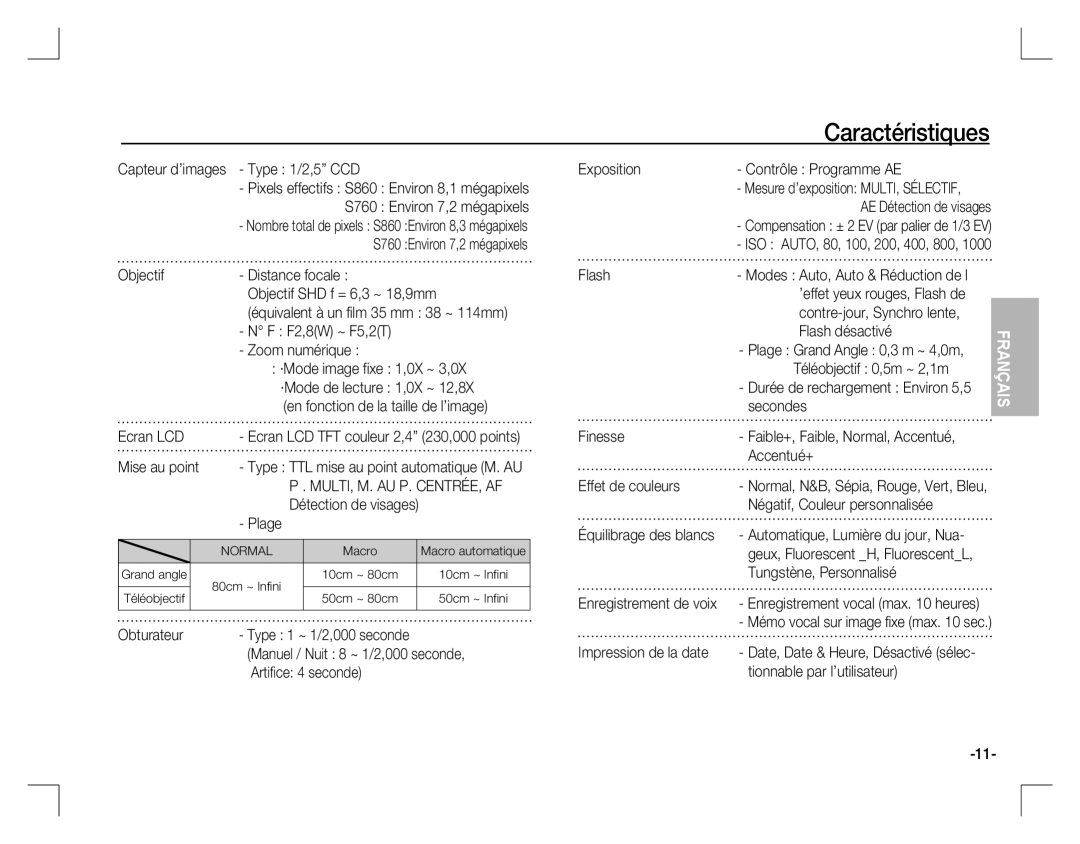 Samsung EC-S760ZPBA/E1, EC-S860ZSBA/FR, EC-S860U01KFR, EC-S760ZPDA/E3, EC-S860ZSDA/E3, EC-S860ZPDA/E3 manual Caractéristiques 