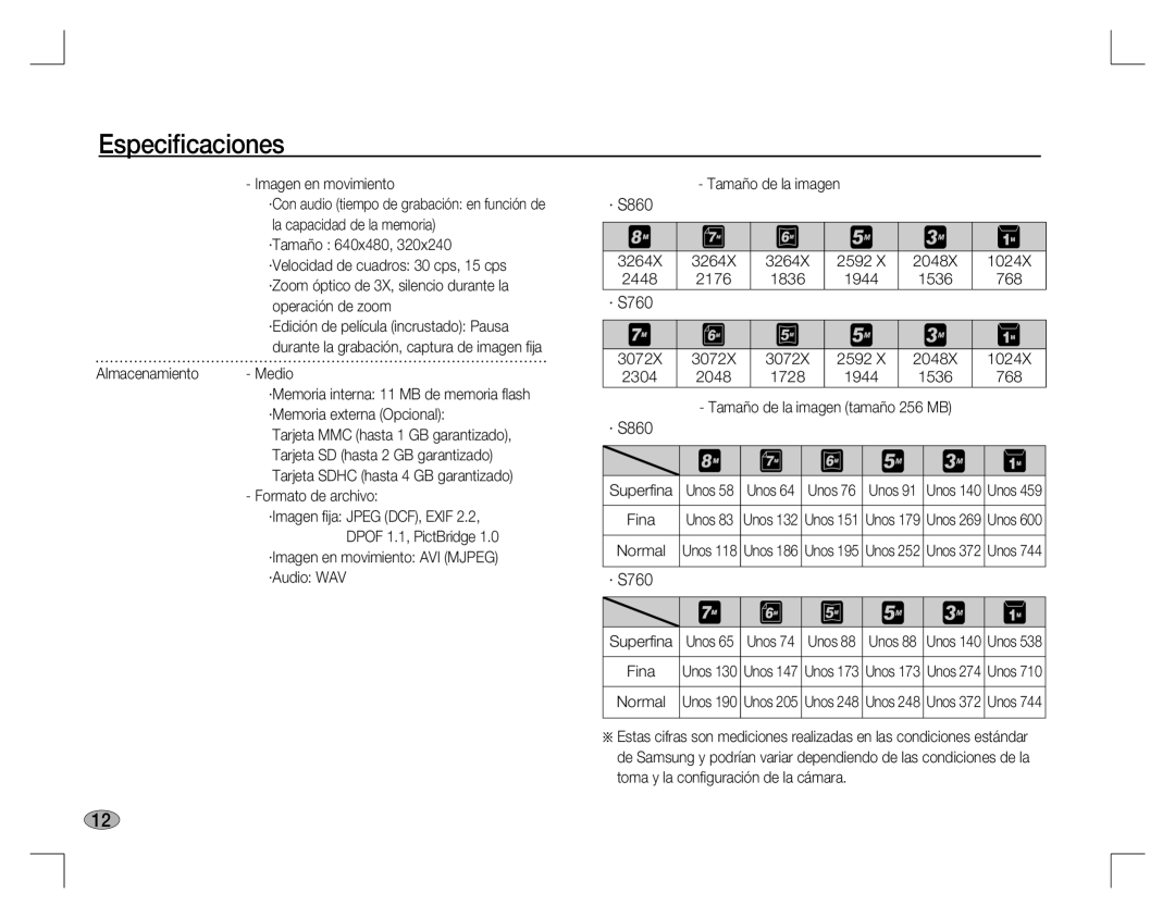 Samsung EC-S860ZBBA/RU, EC-S860ZSBA/FR, EC-S860ZUAA Formato de archivo, 3264X 2592 2048X 1024X 2448 2176 1836 1944 1536 768 
