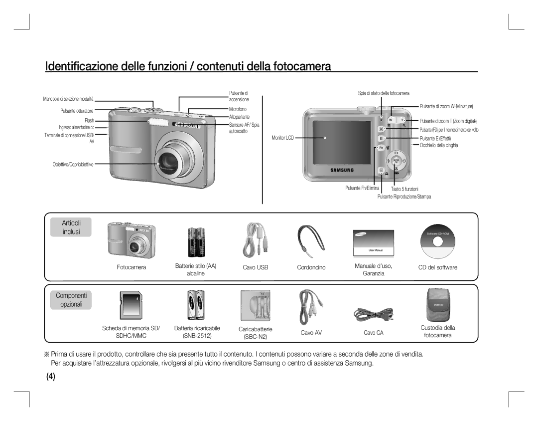 Samsung EC-S860ZSDA/AS Identiﬁcazione delle funzioni / contenuti della fotocamera, Articoli inclusi, Componenti Opzionali 