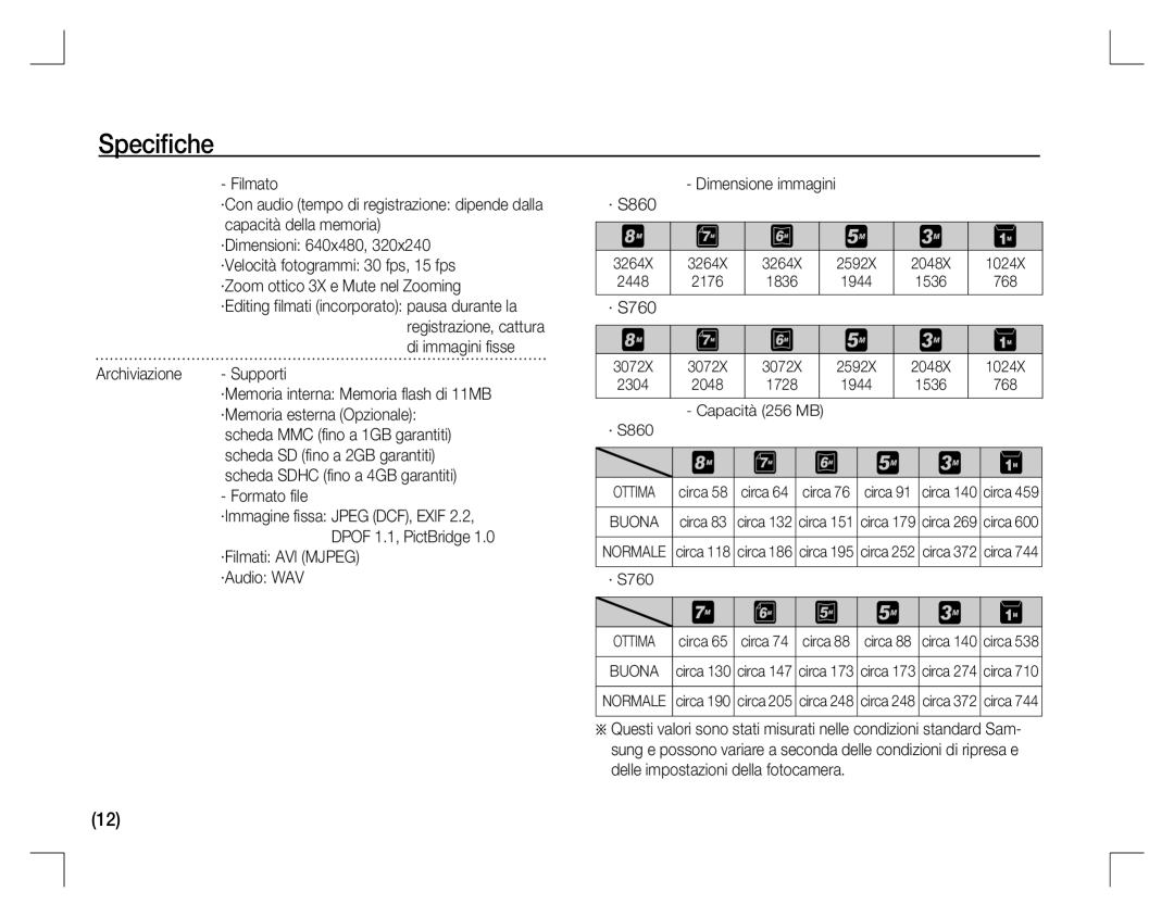 Samsung EC-S760ZBBD/E1, EC-S860ZSBA/FR, EC-S860U01KFR manual Speciﬁche, Archiviazione Supporti, ·Filmati AVI Mjpeg ·Audio WAV 