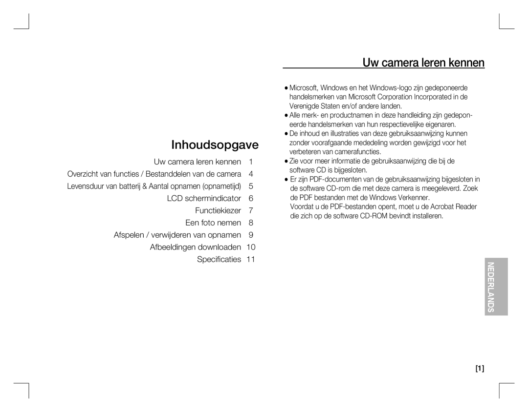 Samsung EC-S760ZUBA/RU manual Inhoudsopgave, Uw camera leren kennen, Overzicht van functies / Bestanddelen van de camera 