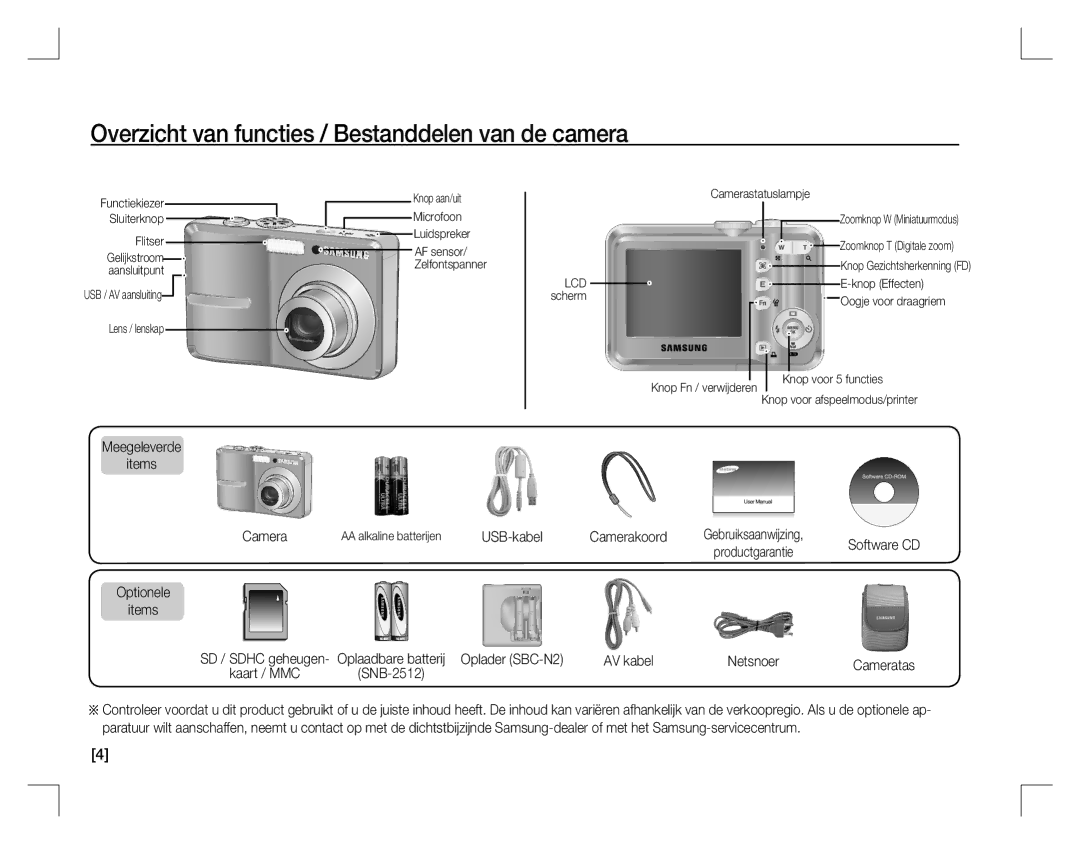 Samsung EC-S860ZUBA/IN manual Overzicht van functies / Bestanddelen van de camera, Meegeleverde Items Camera Optionele 