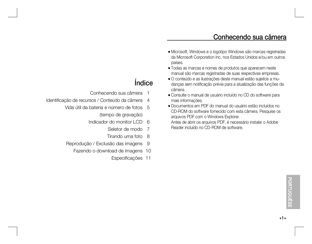 Samsung EC-S860ZSDA/DE, EC-S860ZSBA/FR manual Índice, Conhecendo sua câmera, Identiﬁ cação de recursos / Conteúdo da câmera 