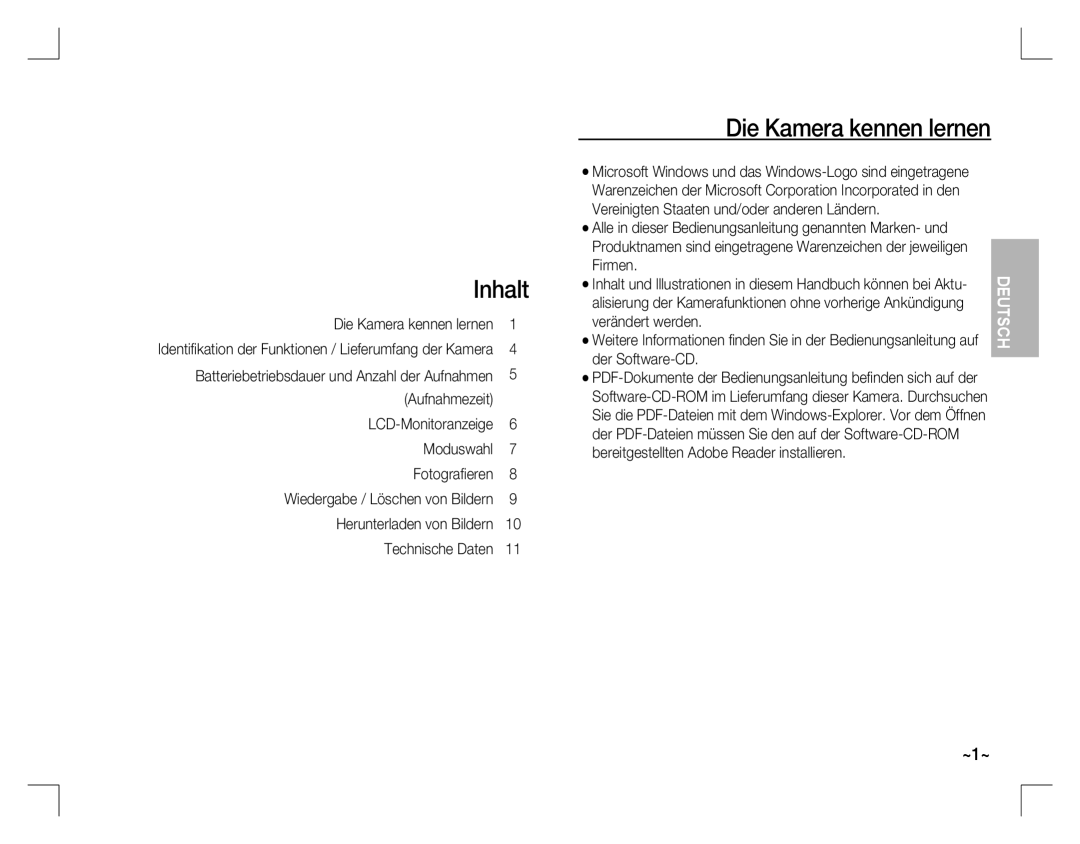 Samsung EC-S760ZUBA/FR, EC-S860ZSBA/FR, EC-S860U01KFR, EC-S760ZPDA/E3, EC-S860ZSDA/E3 manual Inhalt, Die Kamera kennen lernen 