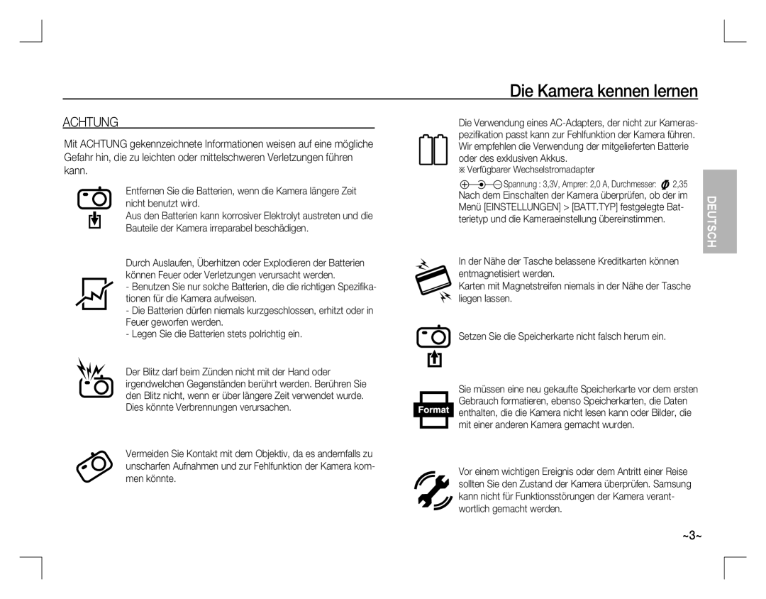 Samsung EC-S760ZBBA/FR, EC-S860ZSBA/FR, EC-S860U01KFR, EC-S760ZPDA/E3, EC-S760U01KFR Achtung, Verfügbarer Wechselstromadapter 