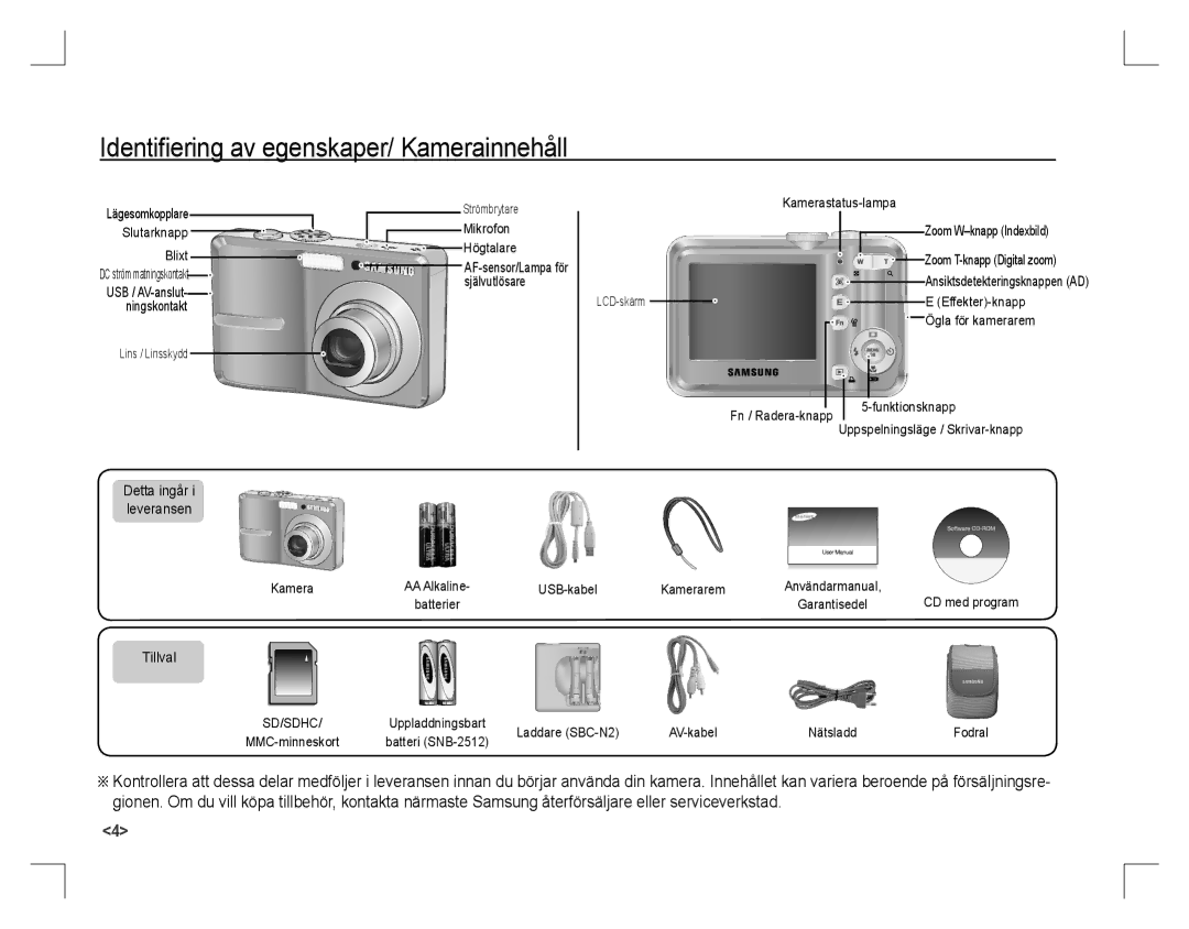 Samsung EC-S760ZPBA/AS, EC-S860ZSBA/FR, EC-S860U01KFR, EC-S760ZPDA/E3 Identiﬁering av egenskaper/ Kamerainnehåll, Tillval 