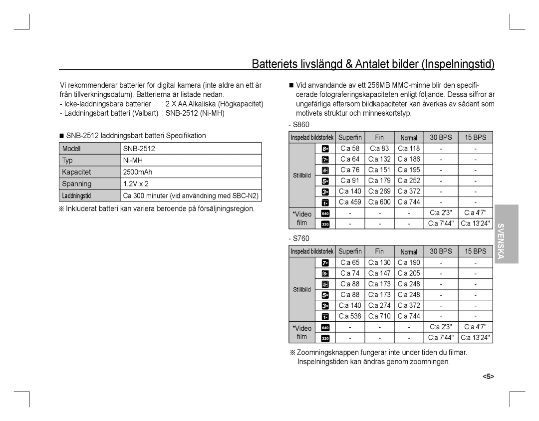 Samsung EC-S760ZBBA/GB manual Batteriets livslängd & Antalet bilder Inspelningstid, Superﬁn Fin Normal 30 BPS 15 BPS, ﬁlm 