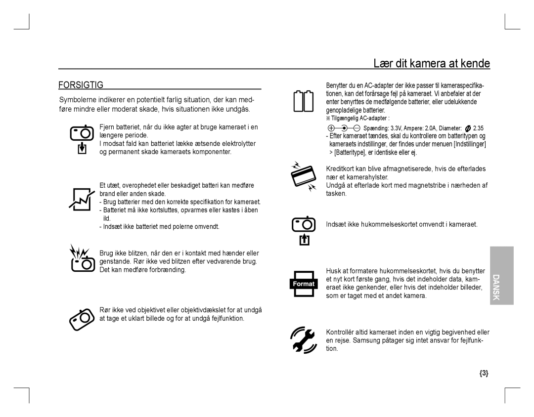 Samsung EC-S860ZSBD/E1, EC-S860ZSBA/FR, EC-S860U01KFR, EC-S760ZPDA/E3, EC-S860ZSDA/E3 manual Forsigtig, Tilgængelig AC-adapter 