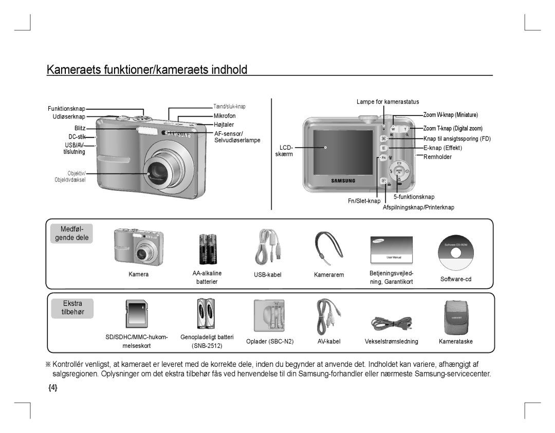 Samsung EC-S860ZSDA/AS, EC-S860ZSBA/FR manual Kameraets funktioner/kameraets indhold, Medføl Gende dele, Ekstra Tilbehør 