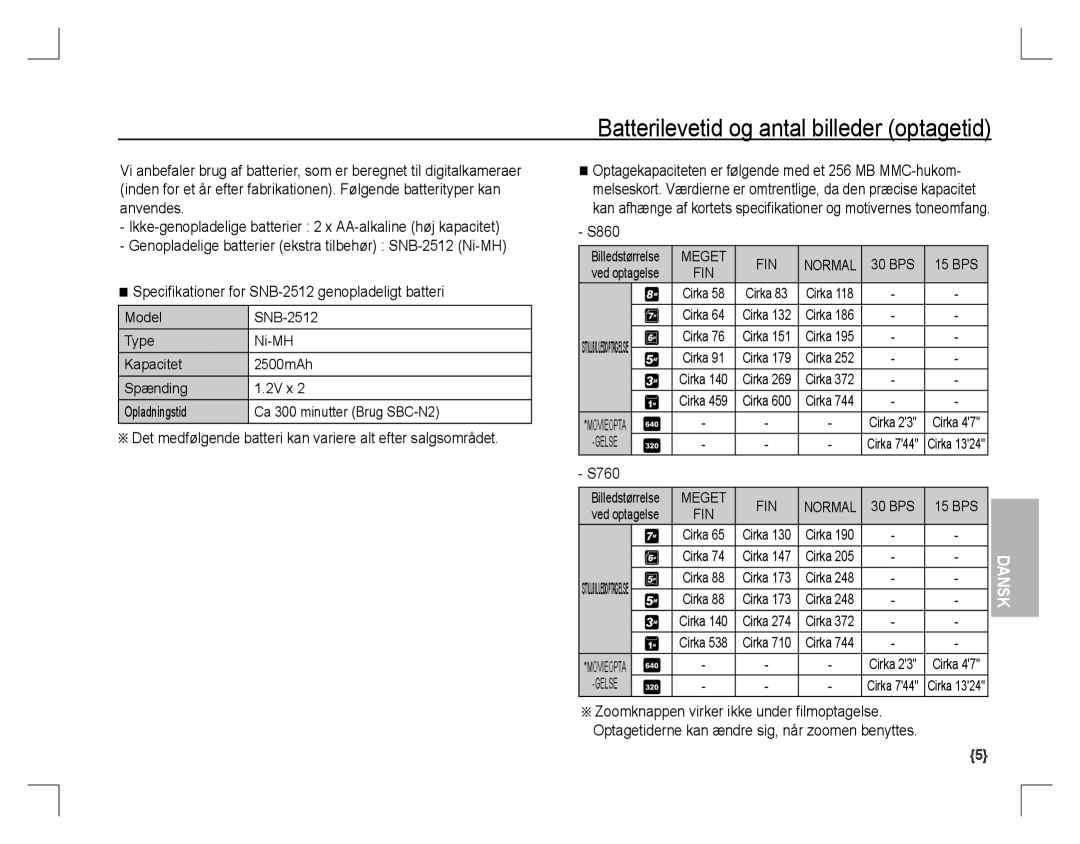 Samsung EC-S860ZUAA Batterilevetid og antal billeder optagetid, Det medfølgende batteri kan variere alt efter salgsområdet 