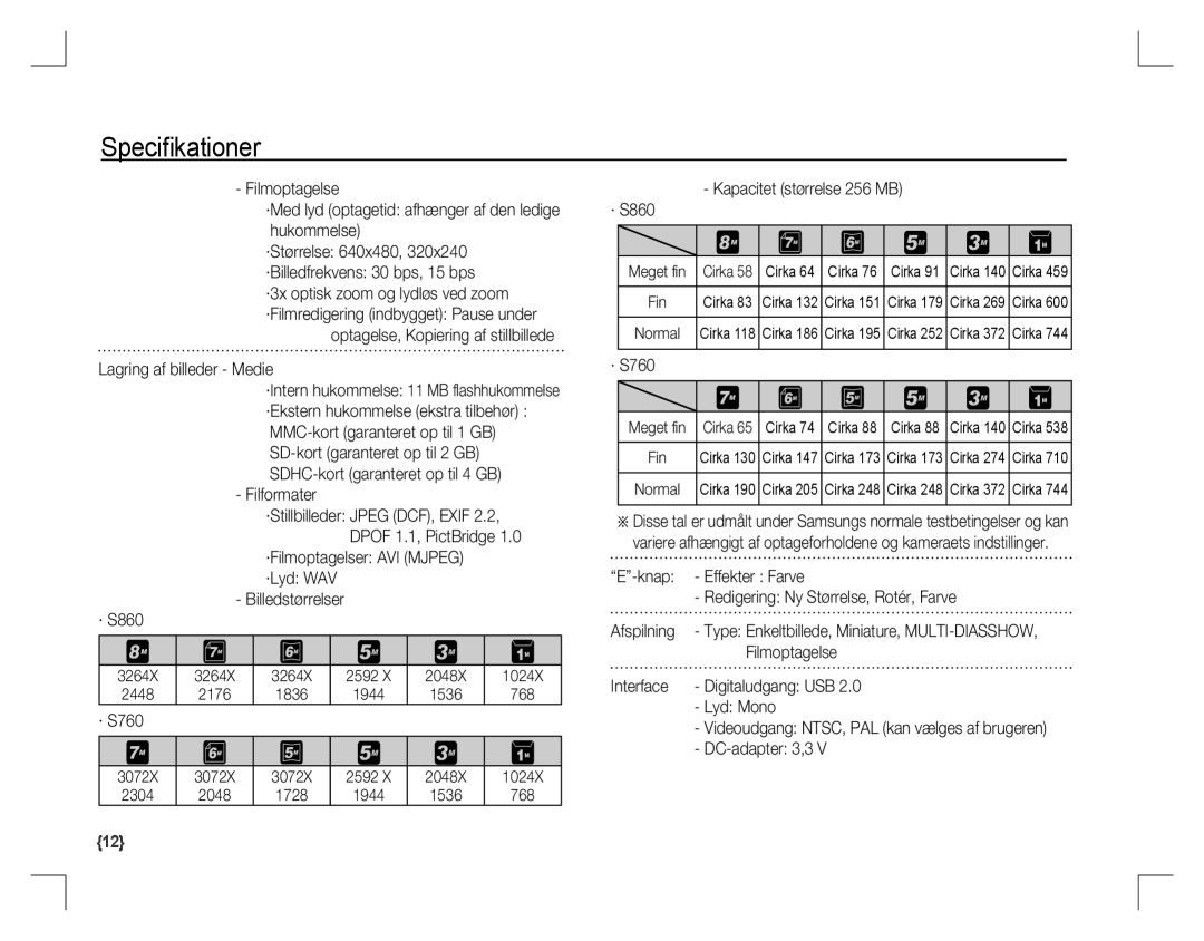 Samsung EC-S760ZBBD/E1, EC-S860ZSBA/FR Lagring af billeder Medie, Filformater, ·Filmoptagelser AVI Mjpeg, DC-adapter 3,3 