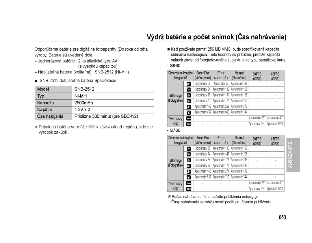 Samsung EC-S860ZUYA/CA, EC-S860ZSBA/FR, EC-S860U01KFR, EC-S760ZPDA/E3 manual Výdrž batérie a počet snímok Čas nahrávania, Klip 